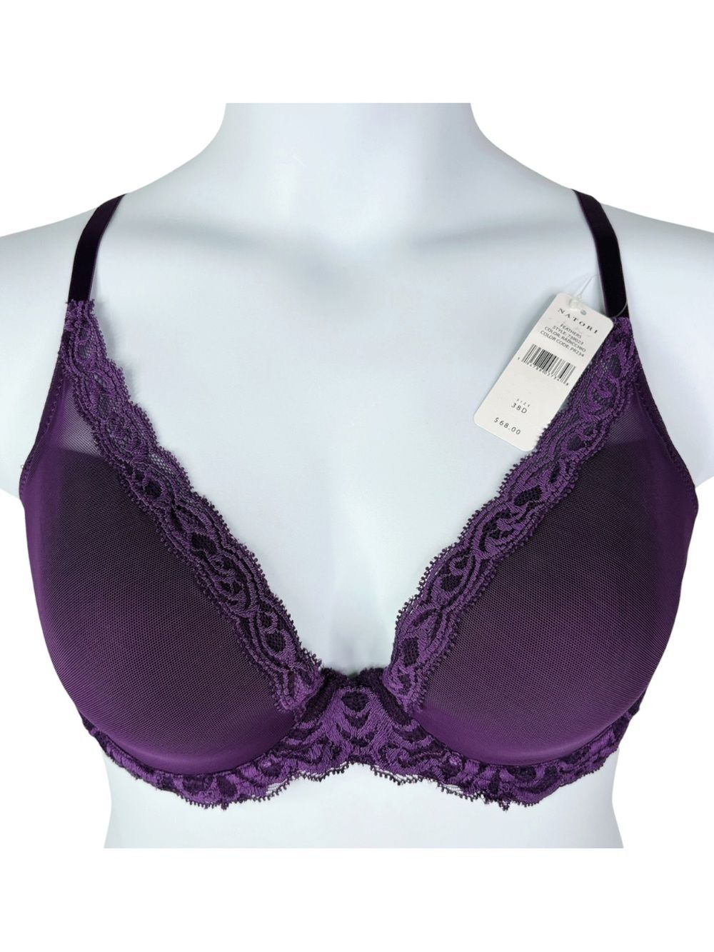 NWT Natori Feathers Lace Plunge Bra sz 38D * Rich Deep Purple Underwire Bra